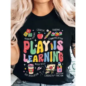 EMERY ROSE Retro Groovy Play Is Learning Kindergarten Teacher Daycare T-Shirt , Breathable & Comfort Fit, Short Sleeve Crew Neck Top For All Seasons