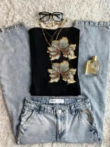 Gradient Floral Sequin Embroidery One Shoulder Top, Short Waist Showcasing Design, Y2K Style Loose Fit, Summer Wear