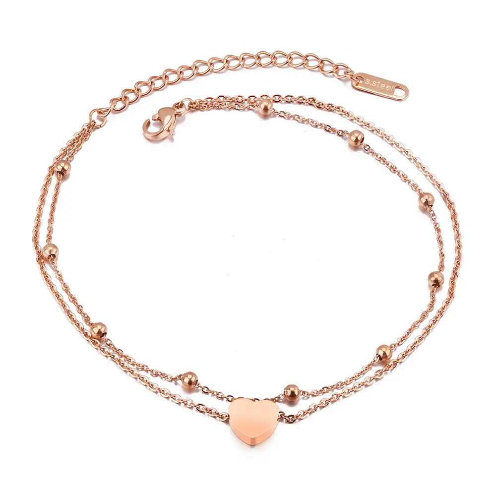 OIDEA Women's Rose Gold Minimalist Layered Anklet - Stainless Steel Bead Heart Charm, Adjustable Lightweight Women's Fashion Jewelry, Casual Wear Bead & Chain Ankle Anklets for Beach Use, Pool, Minimalist Layered Jewelry