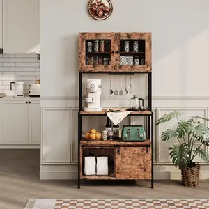 63" Kitchen Bakers Rack with Cabinets & Charging Station, Industrial Microwave Stand, Freestanding Utility Shelves Storage Shelf Coffee Bar Station for Dining Room, Apartments