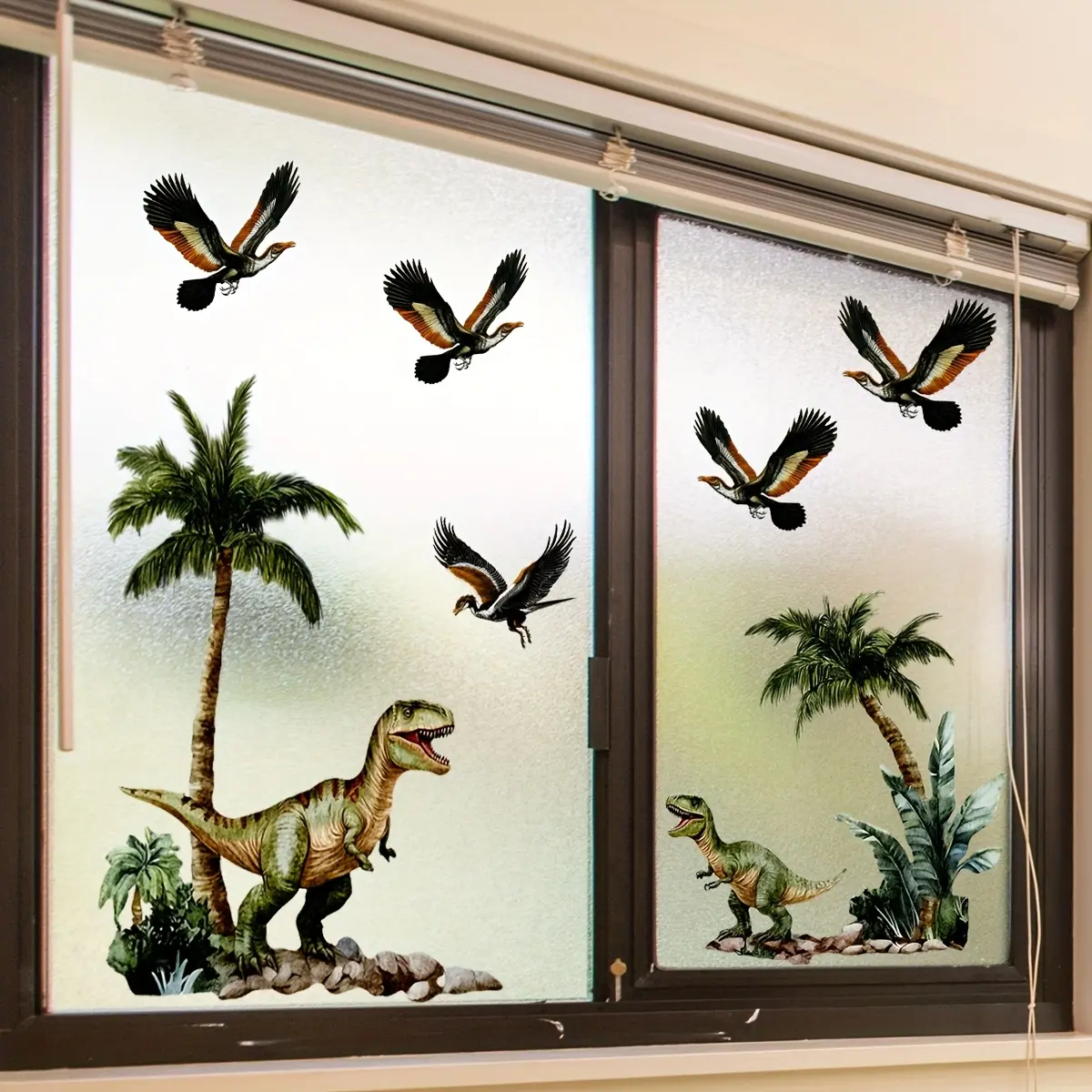 A piece of (30*60cm) creative 2D simulated dinosaur, big tree, and bird static sticker, double-sided visible, 20 silk decorative background window sticker (D18677)