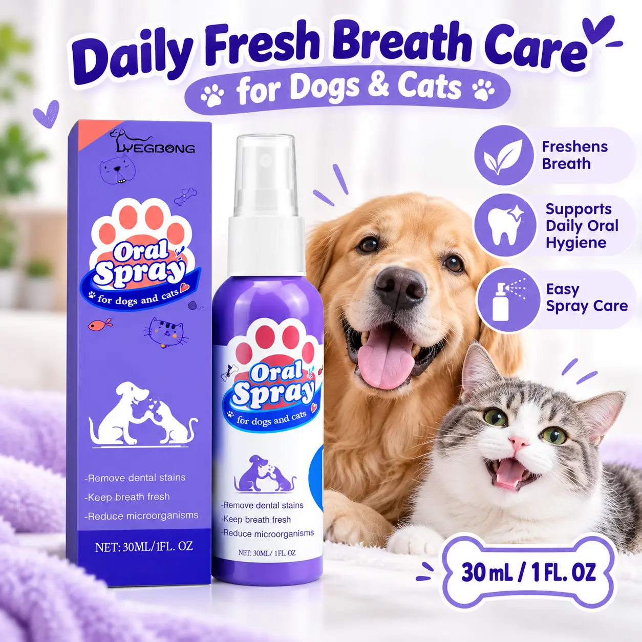 Fresh Breath Oral Care Spray For Dogs And Cats - Dental Stain & Plaque Remover Teeth Cleaning Mist With Peppermint Menthol For Daily Care 30ml