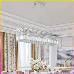 Modern Crystal Chandelier for Dining Room 8-Light White Rectangle Raindrop Chandelier Contemporary Rectangular Pendant Light Fixture for Kitchen Island Bar L39.4'' x W9.8'' x H8.7'(Bulb Not Included) (BULBS NOT INCLUDED)