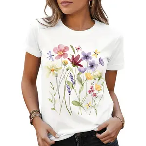 IUHGNEHS Women Floral Graphic Tee Short Sleeve T Shirts Vintage Wildflower Flowers Printed Summer Tops Tshirt (White A Large) : Clothing, Shoes & Jewelry