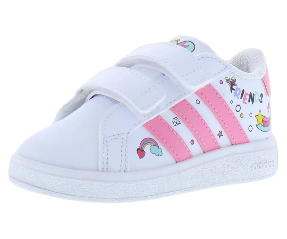 Adidas Grand Court CF Infant & Toddler Shoes, Classic 3-Stripe Casual Sneakers with Easy Hook-and-Loop Straps, 2 - 3 Years, Velcro Closure