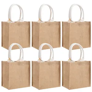 6PCS Small Burlap Tote Bag Set with Handles, 8.27 x 9.06 x 5.91 Inch Reusable Blank Jute Gift Bags for Women, Wedding, Bridesmaid, Shopping, Beach, Travel, DIY