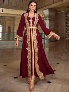 Elegant V-Neck Fitted Evening Dress in Deep Wine, Metal Waistband Decoration, Perfect for Formal Occasions