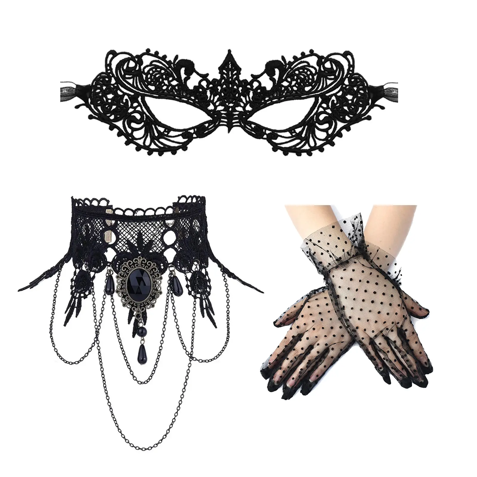 OIDEA Women's Elegant Fantasy Costume Adult Masks 3-Piece Lace Set - Matching 8.27×3.35″ Mask, 10.24×3.54″ Gloves, 12.99in Choker - Halloween Cosplay Party Festive Accessory