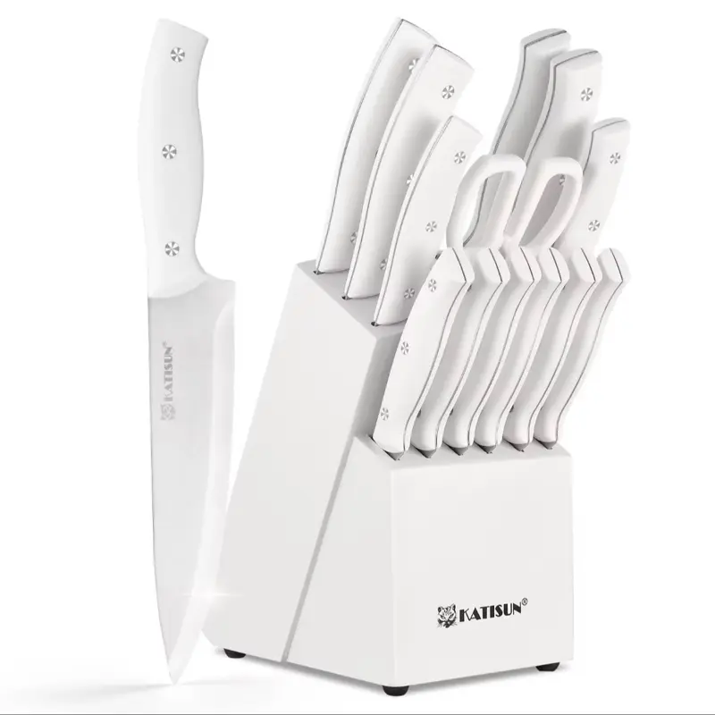 15-Piece White Kitchen Knife Set with Built-in Sharpening Stone, Ergonomic Triple-Rivet Fixed Handles, Dishwasher Safe Blade Block