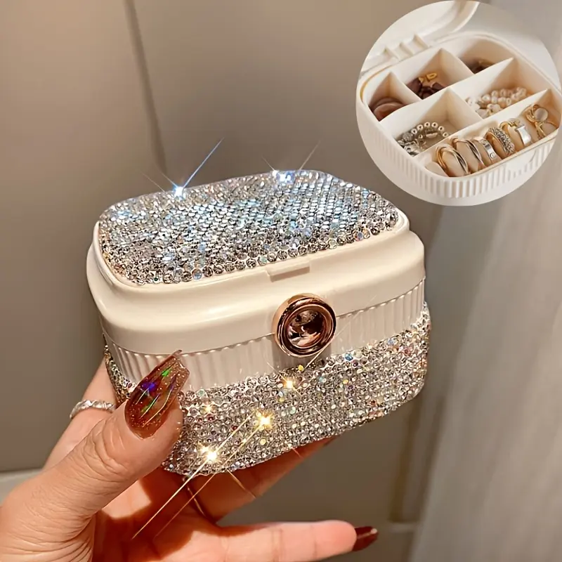 1pc Jewelry Storage Box Light Luxury Sparkle Artificial Diamond Set Ring Earrings Bracelet Necklace with Mirror Storage Box Travel Portable Jewelry Sorting Box Festival Creative Gift, Jewelry Boxes