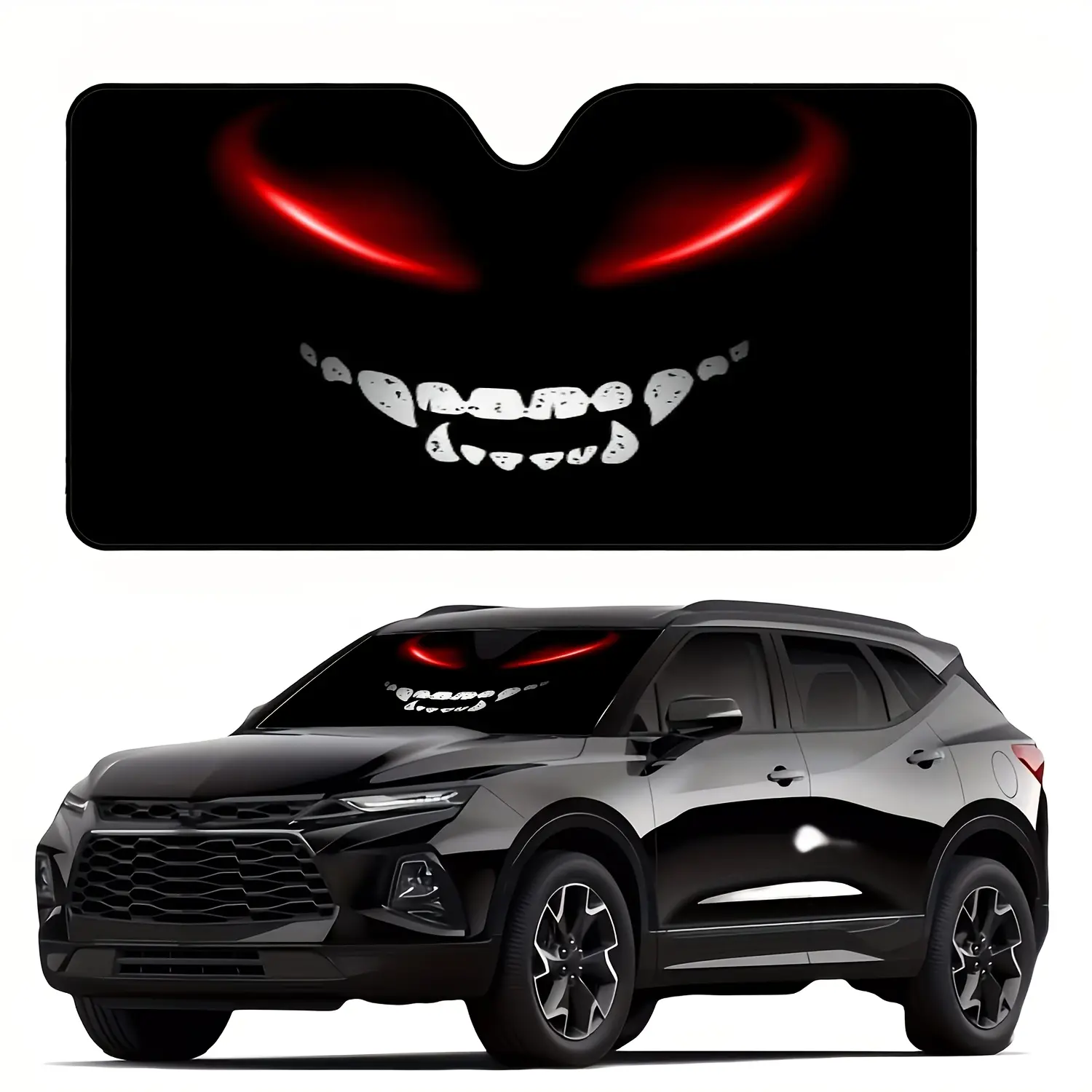 1pc, Demon-Style Car Windshield Sun Shade, Fanged Red-Eye Printed Pattern, UV Protection, Stylish Design, Easy to Install, Foldable for Convenient Storage, Keeps Your Vehicle Cool, Perfect for Cars, SUVs, and Trucks, Car Windshield Sunshade