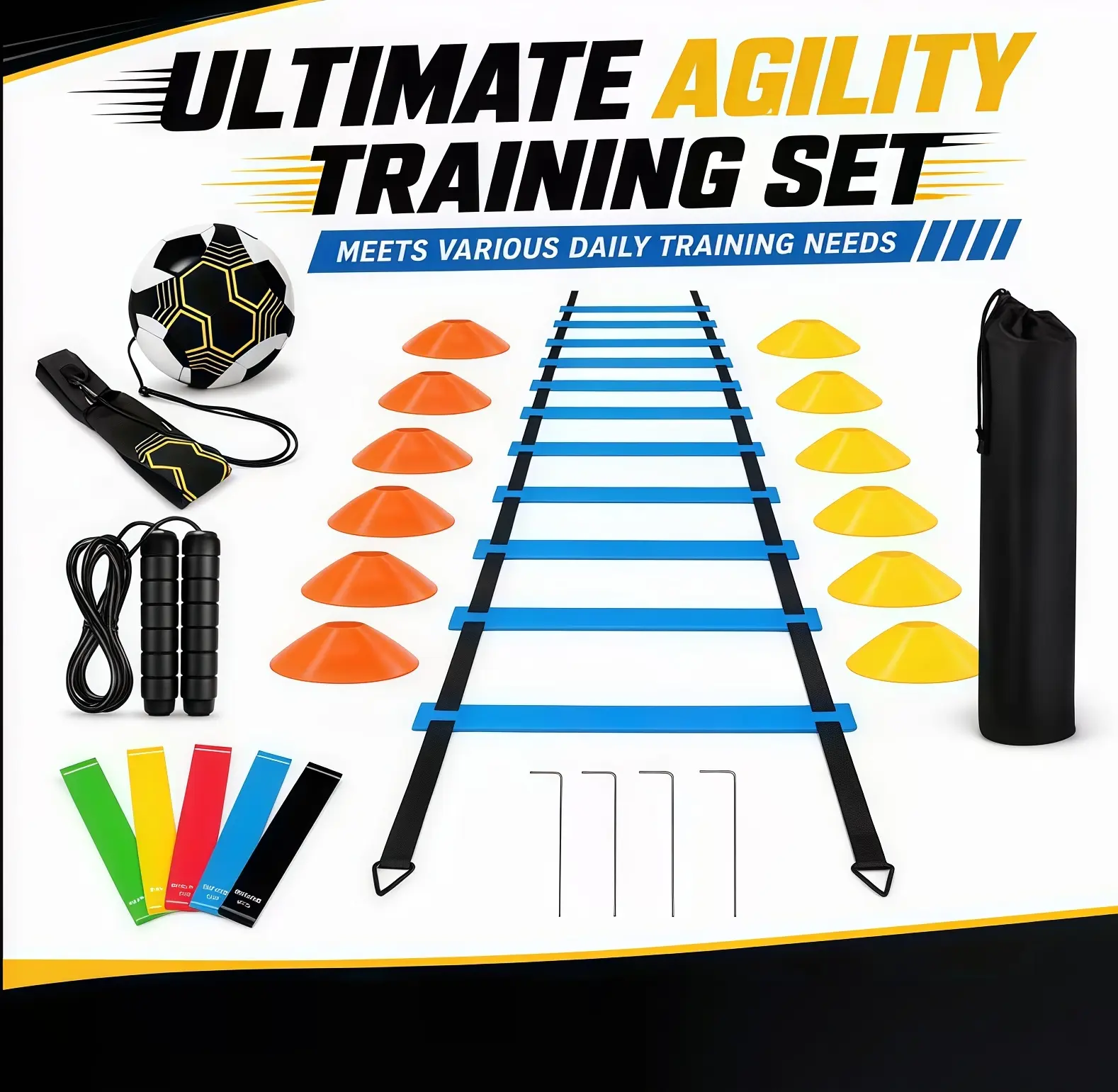 Agility Training Equipment Set, Speed Agility Ladder with 12 Disc Cones, Soccer Kick Trainer, Jump Rope, Resistance Bands, Ground Stakes & Storage Bag for Football Basketball Sports Training for Kids Adults