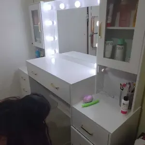 58.3”Vanity Desk with Mirror and Replaceable Lights & Charging Station,Bedroom Dressing Table,Large Vanity Set,8 Drawers and 2 Cabinets,Makeup Vanity Table with Charging Station,White/Black/Pink,Without Stool,dorm essentials,home decor