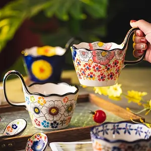Unique Hand-Painted Ceramic Soup Bowl, Colorful Floral Design with Handle, Aesthetic, Ideal for Cereal, Soup & More, Perfect Tableware Kitchenware
