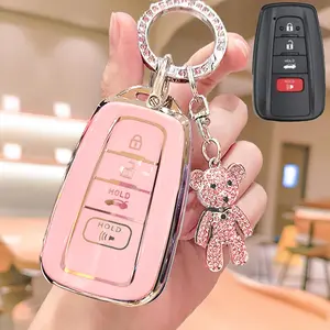 Car Key Case, Rhinestone Bear Decor Soft TPU Key Protector Cover, Car Key Protector for Toyota RAV4, Camry, Corolla, Avalon, C-HR, Prius, GT86 and Highlander, Car Accessories