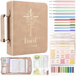 XKDOUS Bible Cover Case with 24PCS Study Essentials, Large Leather Bible Bag for Women and Men, Christian Book Protector with Marker Set and Bible Tabs