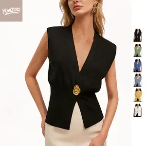 Women's Knit Vest Sleeveless V Neck Top YeeZaa 2026 Springfresh Gold Button Design Lightweight Soft Fabric Elastic Waist Casual Chic Wear Breathable Material Not See Through Versatile Styling Multi Season Wear TikTok Fashion Must Have