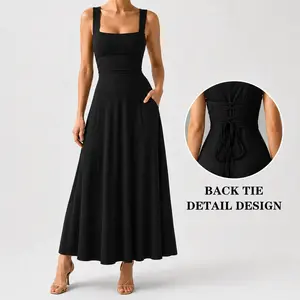 Women's Sleeveless Square Neck A-Line Flowy Long Dress, Casual Slim Fit Dress with Pockets and Back Tie Detail