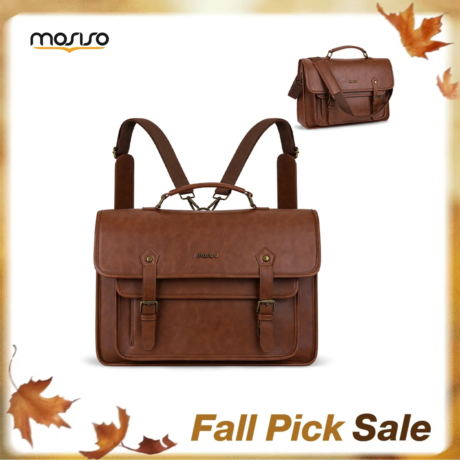 MOSISO Chic 3-in-1 PU Leather Laptop Backpack - Adjustable Multi-Pocket Convertible Briefcase Messenger Bag with Zipper Compartment for Men, 15.6in (Fits 15-16in) Work Use, Brown