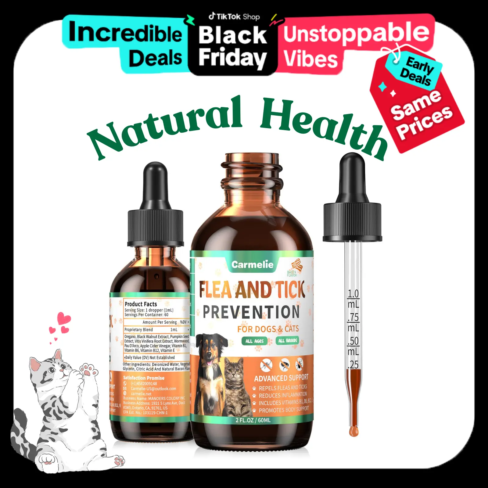 Carmelie anti tick and flea for Dogs & Cats – Natural Oral Drops with Vitamins – Daily Wellness for All Breeds & Ages – Bacon Flavor