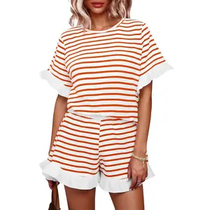 Lannew Womens 2 Piece Striped Shorts Set Ruffle Short Sleeve Tops Hight Waist Shorts Matching Sets Summer Vacation Outfits