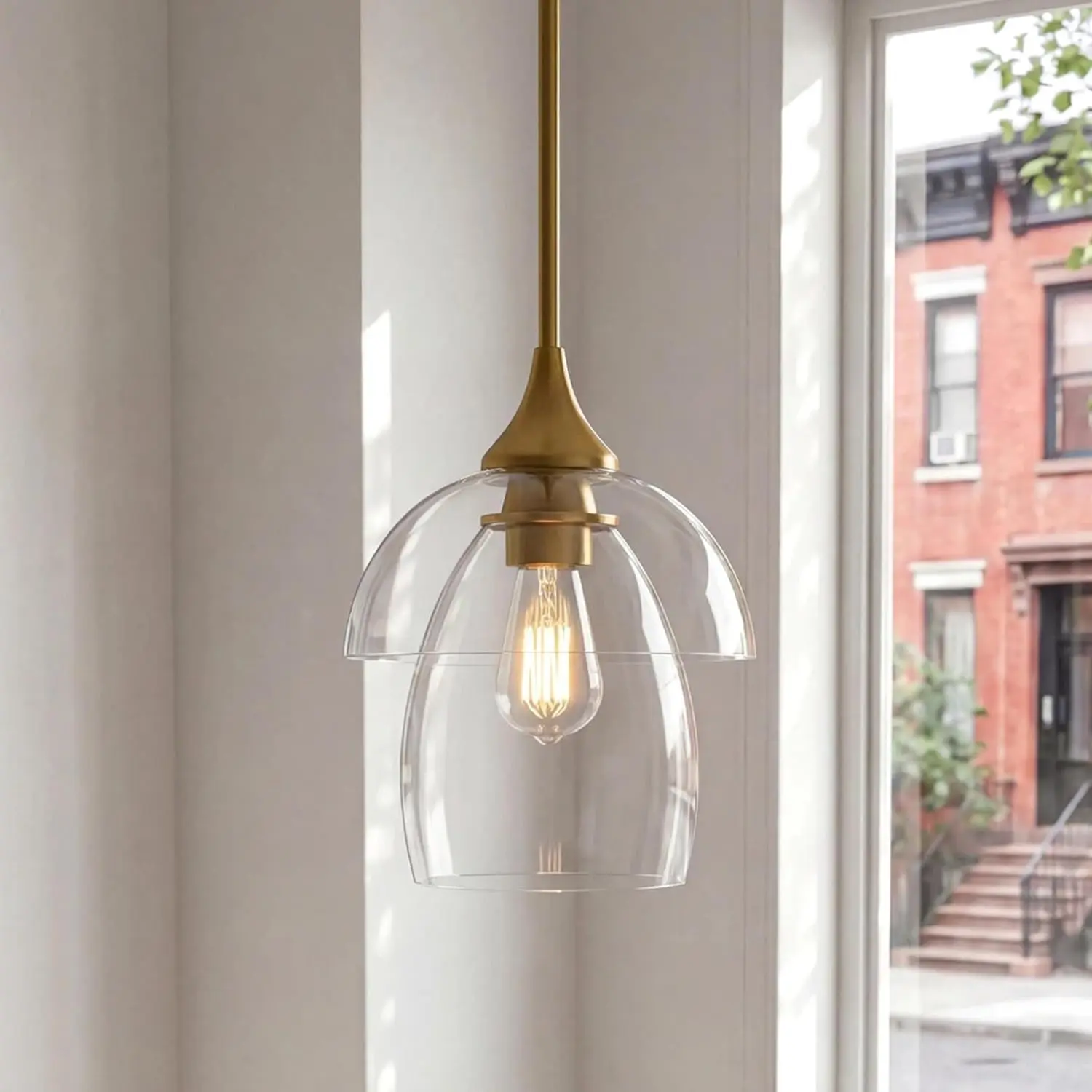 Tribesigns Gold Pendant Light, Modern Chandelier with Double Tier Clear Galss Shade for Kitchen Island, Mini Hanging Pendant Light Fixtures for Dining Room, Adjustable Cord, E26 Base