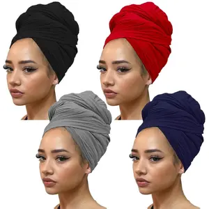 Kachanaa 4-Piece Stretch Turbans Knit Head Wrap Urban for Black Women Solid Color Ultra Soft Breathable Head Bands for Muslim Polyester Material 180x80cm Multifunctional Design