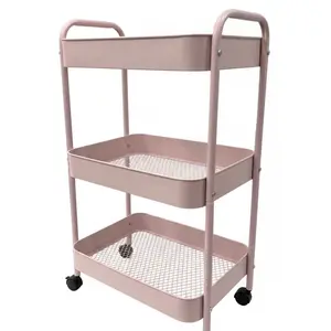 3 Tier Rolling Cart, Metal Utility Cart with 6 Hooks Storage Cart on Wheels Craft Cart with Handle for Organizer Storage for Classroom Office Dorm Home Pink