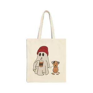 Ghost with Coffee and Dog Halloween Canvas Tote Bag