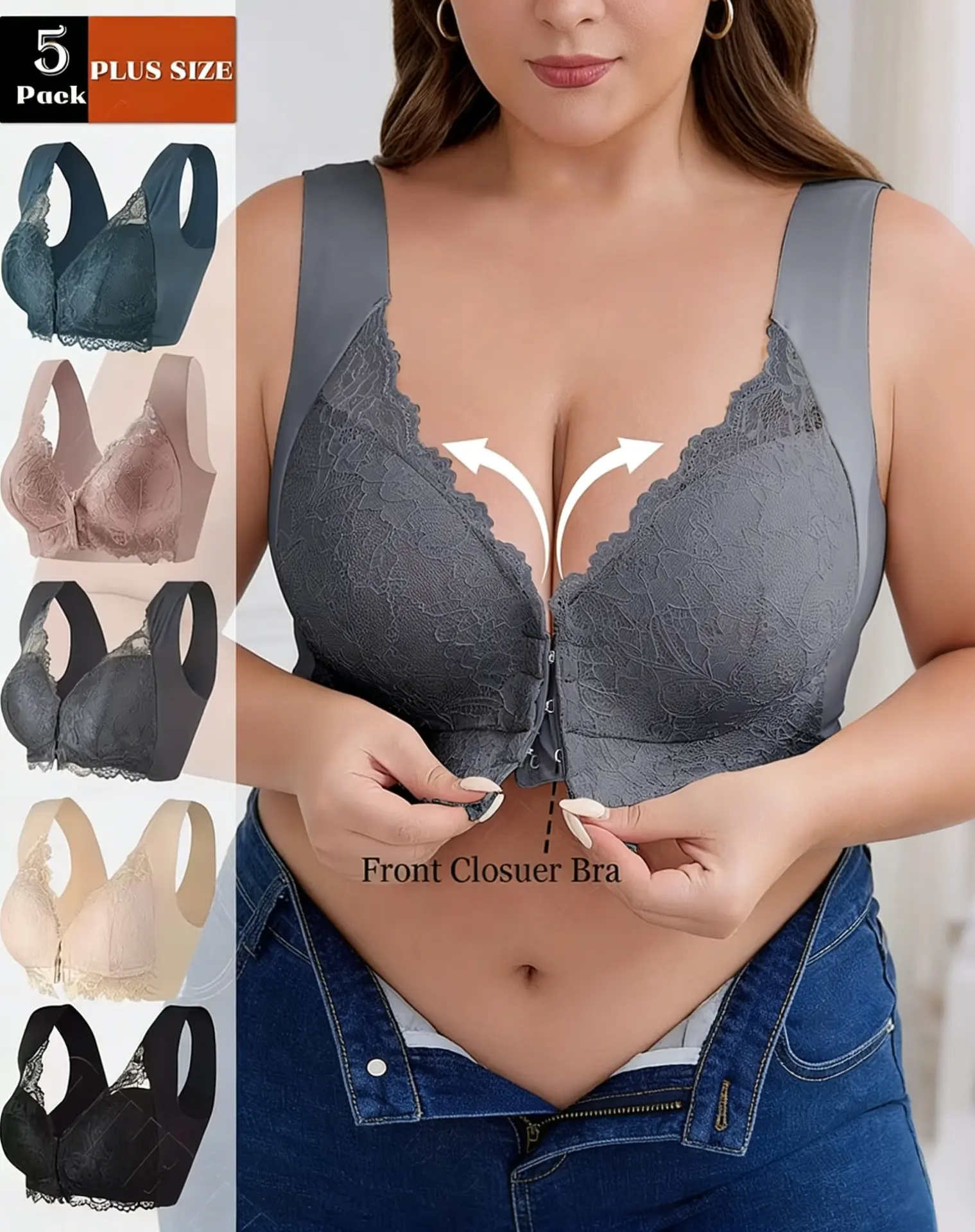 Women's Basic Contrast Lace Scallop Trim Front Buckle Hook & Eye Push Up Wireless Comfy Bra - Breathable Juliette Bralette Lingerie Top for Daily Wear, Comfy Bras, Lacy, Halloween, Christmas, Fantasy