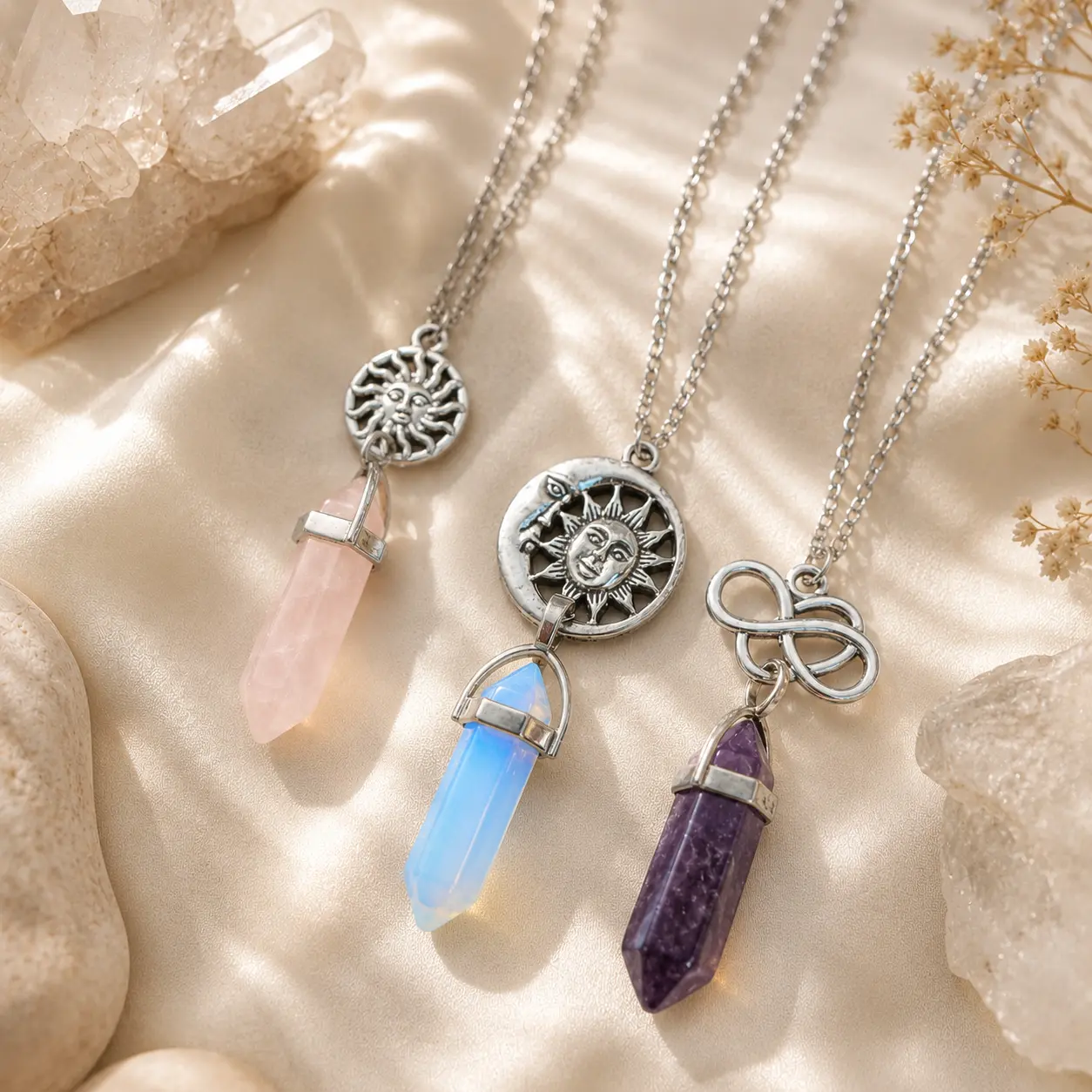 Boho Celestial Pendant Necklace with Crystal-like Point, Women's Vintage Sun Moon Infinity Charm on a Layered Metal Alloy Chain for Daily Wear