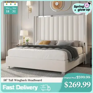 Amerlife Bed Frame 58" Tall Headboard with Channel Tufted Wingback Design, Velvet Upholstered Platform, No Box Spring Needed Luxury Furniture Home,Best Gift Ideas/Christmas Gifts