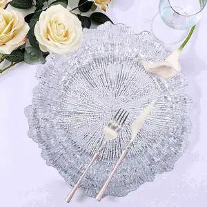 6-Pack Plastic Round Charger Plates 13" in Clear with Reef Design, Decorative Dinner Party Serving Plates