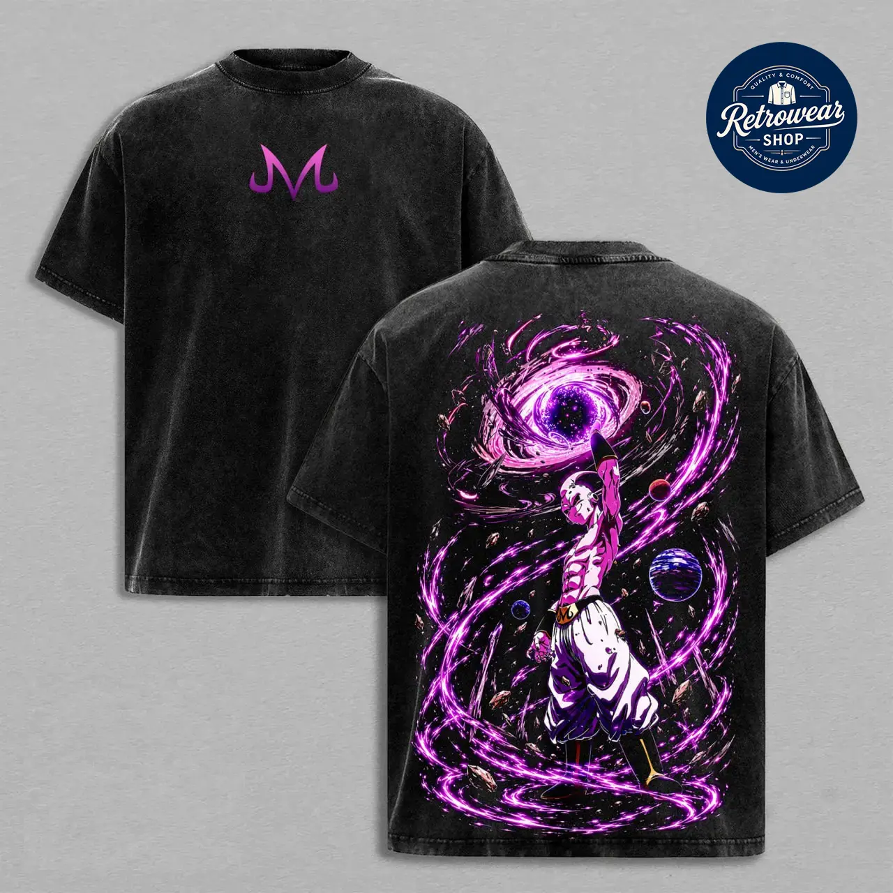 -Majin Buu DBZ Anime Double Printed Vintage Washed Tee Unisex Oversize Anime Manga Washed Heavyweight Cotton T-shirt