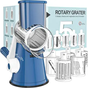 Rotary Cheese Grater Hand Crank Cheese Shredder for  Cheese, Vegetable, Nuts, Non-slip Suction Base,Five , Deep Blue