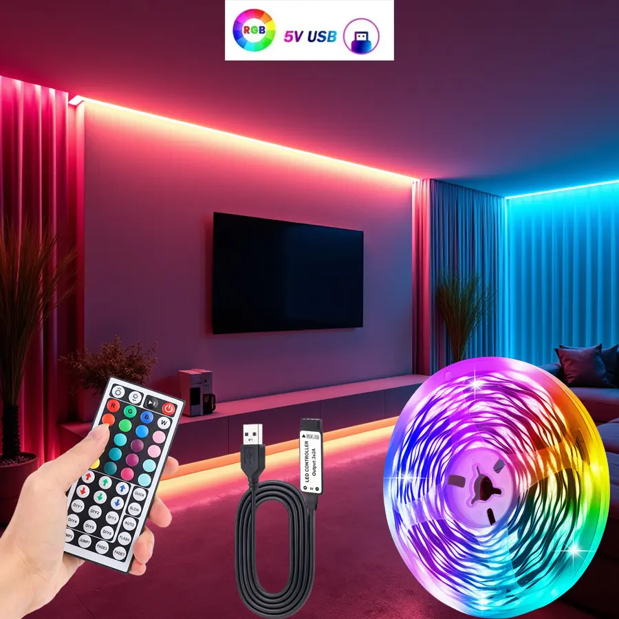 44-key remote control, 3535 RGB LED strip, USB powered, multiple dynamic modes, Adjustable Leds, decorative lighting for music rooms, festivals, and parties, LED Lights