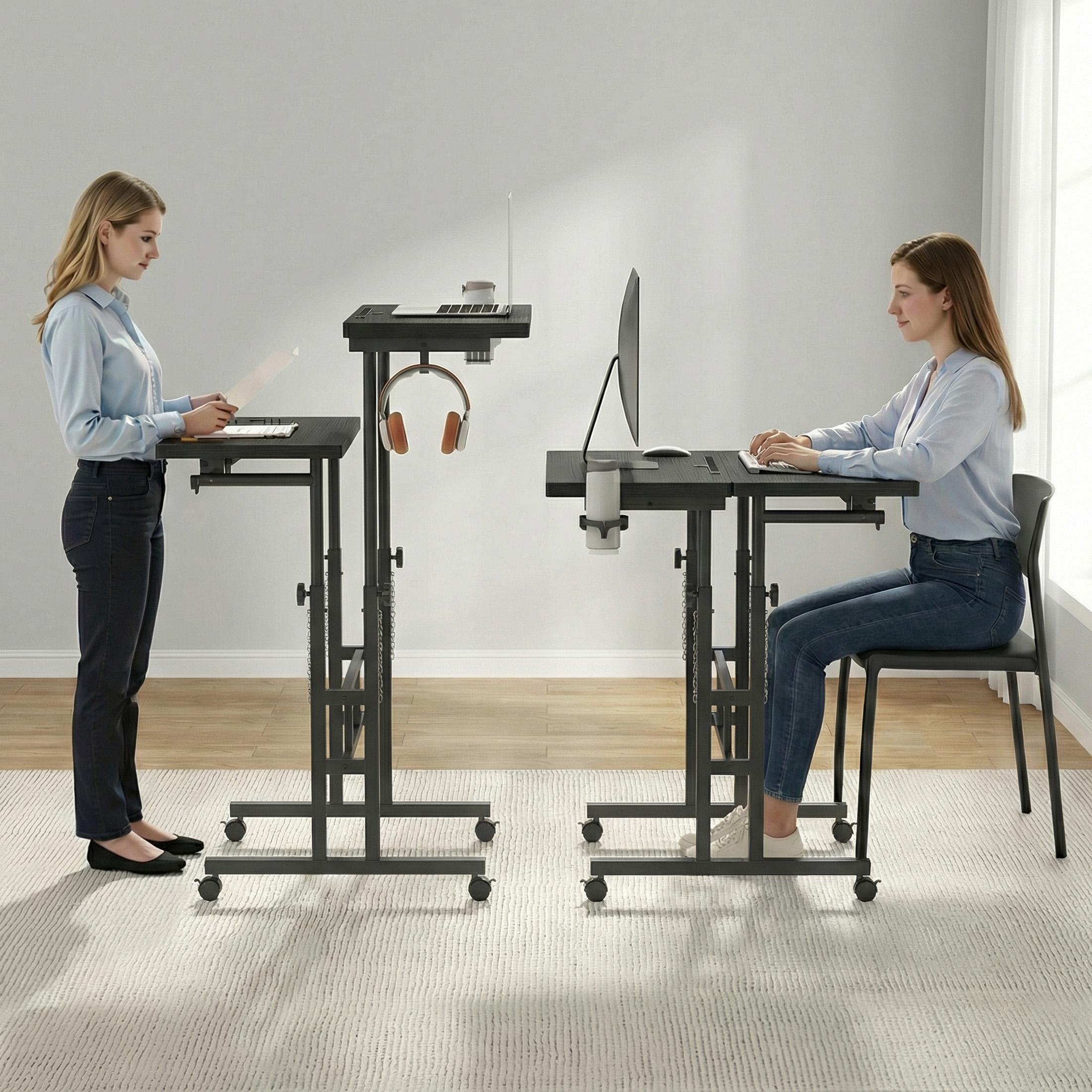 Adjustable Standing Desk , Rolling Sit Stand Desk with Wheels for Walking Pad, Small Mobile Computer Desk for Home Office, Portable Height Adjustable Desk 27.05"-45.28", Black