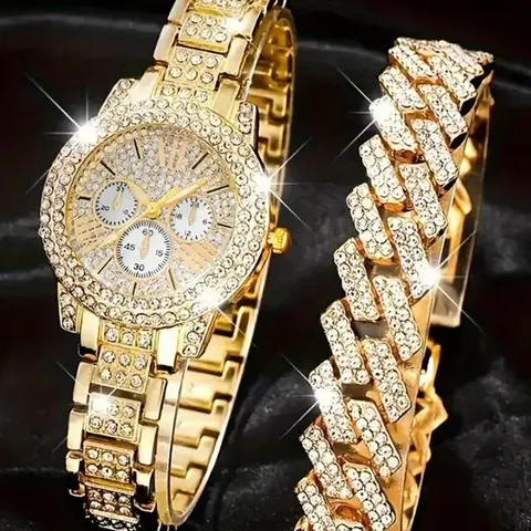 Elegant Women's Watch Set with Rhinestones, Exquisite Watch Set, Rhinestone Decorated Watch, Stainless Steel Round Dial, Perfect Gift for All Occasions