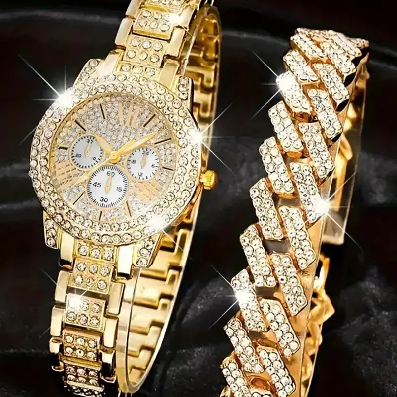 Elegant Women's Watch Set with Rhinestones, Exquisite Watch Set, Rhinestone Decorated Watch, Stainless Steel Round Dial, Perfect Gift for All Occasions