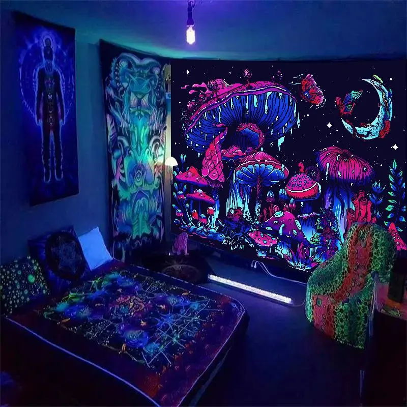 Glow in the Dark Fluorescent Mushroom Artwork Print Polyester Tapestry - 1 Count, Hand Wash Only, Colorful Wall Hanging, Accessory Kit Included, Home Decor for Living Room, Summer Party Gift