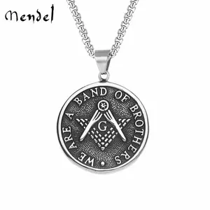 MENDEL Stainless Steel Mens Freemason Masonic Necklace Pendant Jewelry Silver