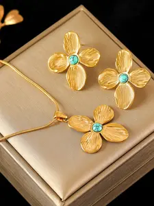 2Pcs Fashion Stainless Steel Synthetic Turquoise Flower Dangle Necklace Earrings Set For Women New Party Gift Waterproof Jewelry Set