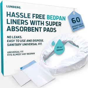 Lunderg Bedpan Liners with Super Absorbent Pads - Value Pack 60 Count - Medical Grade & Universal Fit - Bed Pans for Females, Elderly Men and Women - Make Life so Much Easier