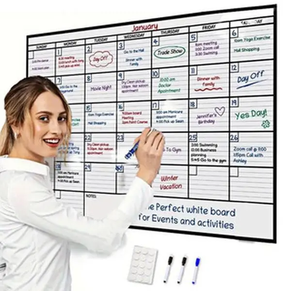 A3 Large Erasable Whiteboard Calendar - Visual Schedule Board, Monthly Weekly Planner, 1-Board Set with Markers, Home Office School Decor Accessory for Family Plans