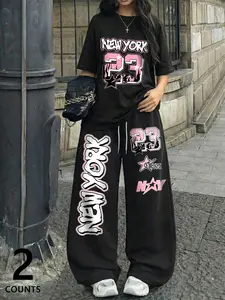Women's Y2K Graffiti Print Two-Piece Set, Oversized "NEW YORK" Graffiti Graphic T-shirt & Oversized Wide-leg Pants, Streetwear for Daily Casual & Hip-hop Outfits Womenswear