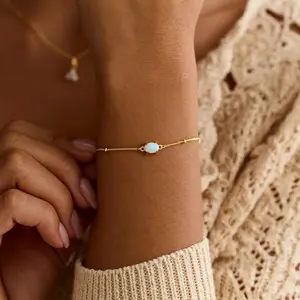Opal Bracelet Dainty Gold Beaded Chain Natural White Opal October Birthstone Jewelry Elegant Mom Gift