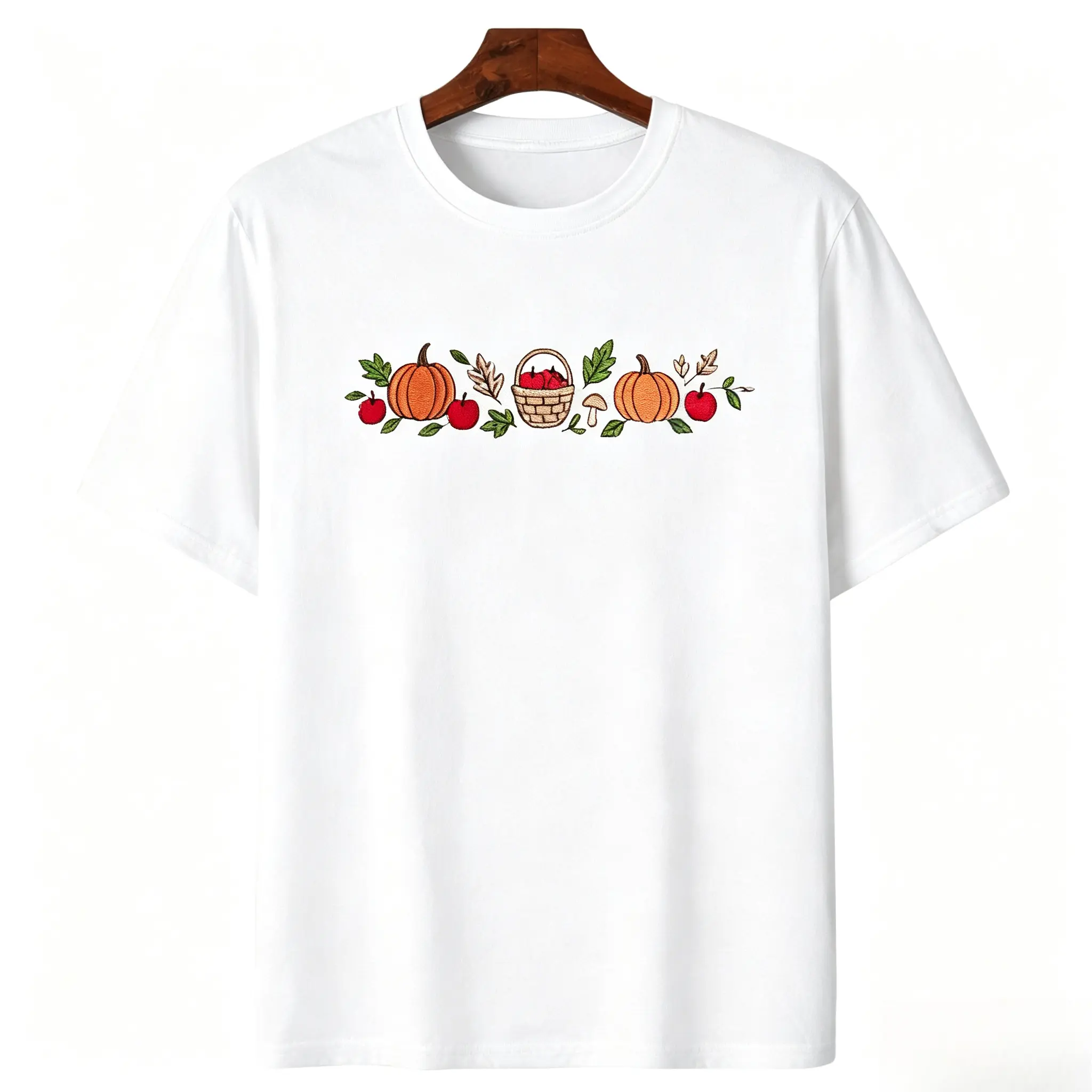 Women's T-Shirt with Pumpkin Harvest Embroidery, Casual 100% Cotton Fall Top with a Relaxed Unisex Fit, Apparel, Prints, Shirts, Flat