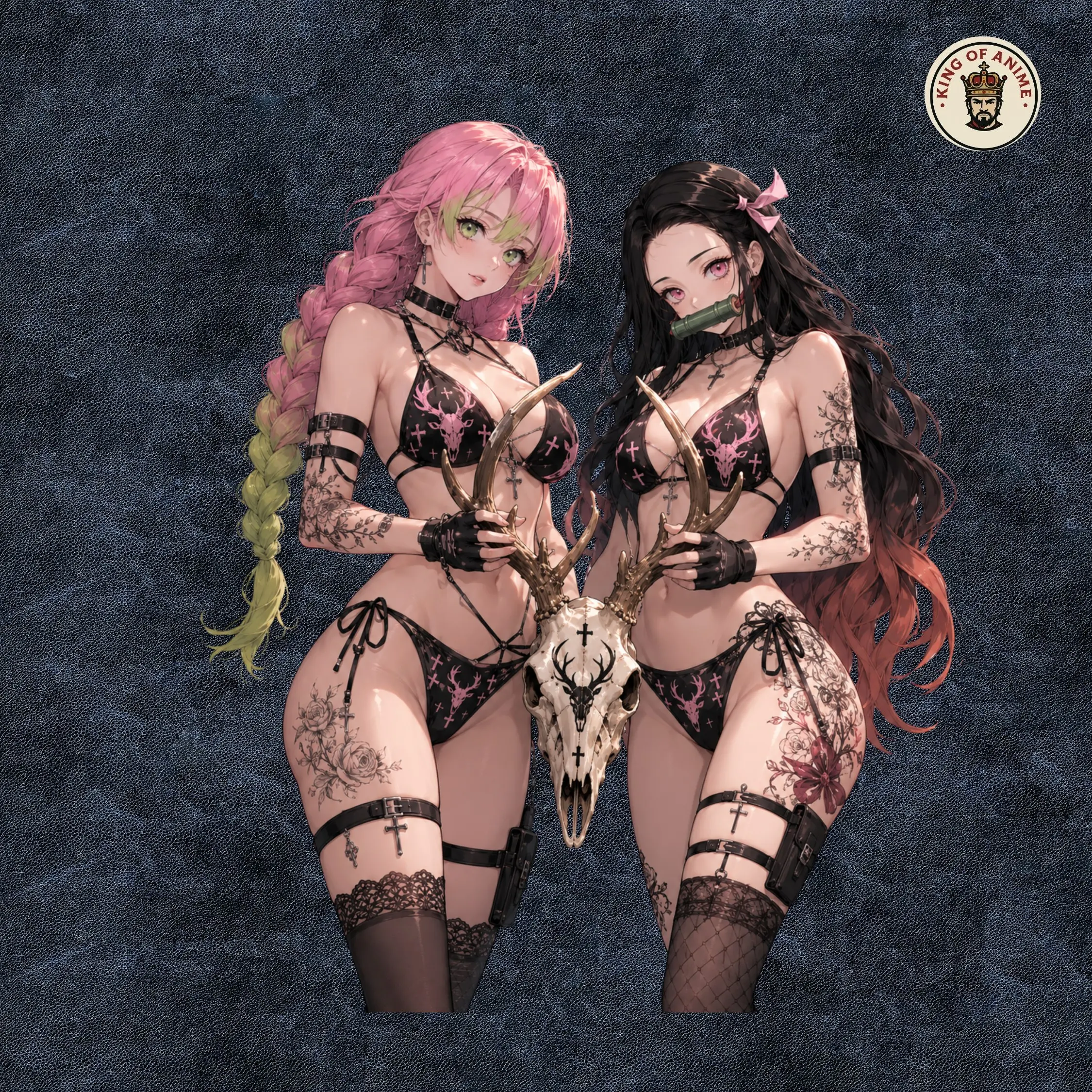 Gothic Deer Skull Mitsuri x Nezuko Sticker, Tattooed Anime Huntress Duo, Dark Outdoor Laptop Tumbler Car Vinyl Decal