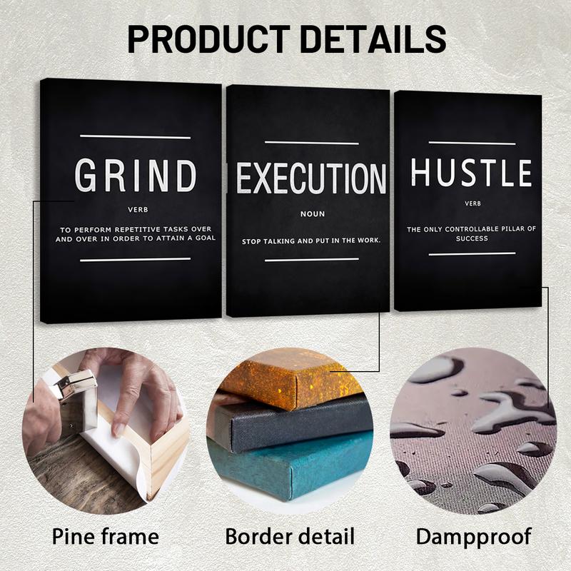 3pcs Wooden Framed Canvas Wall Art, GRIND, EXECUTION, HUSTLE Modern Classic Art Deco Style, Waterproof & Odorless HD 8K Print, Indoor/Outdoor Home Decor for Living Room, Bedroom, Office - Perfect Gift for Friends & Family 3pcs Wooden Framed Canvas Wall Art, GRIND, EXECUTION, HUSTLE Modern Classic Art Deco Style, Waterproof & Odorless HD 8K Print, Indoor/Outdoor Home Decor for Living Room, Bedroom, Office - Perfect Gift for Friends & Family