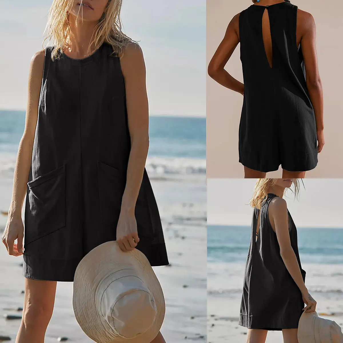 Ommig Women's Basic Cotton Sleeveless Round Neck Stretchy Shorts Romper - Summer Casual Onesie Jumpsuit with Pockets, Romper Style Overalls, Sleeveless Overalls Shorts, Women's Clothes